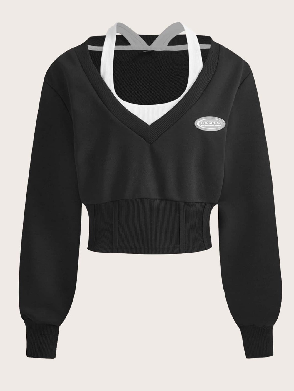 Cropped V‑Neck Layered Pullover with White Tank Detail - Black